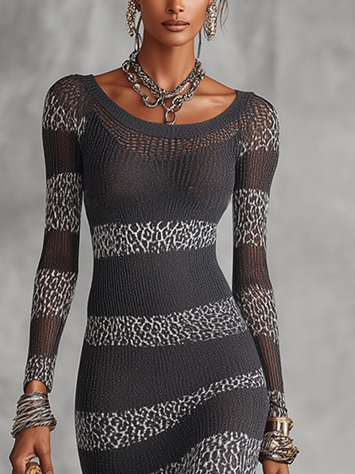 24-Hour-Shipping Gray And White Knit Bodycon Dress With Leopard Stripe Detailing