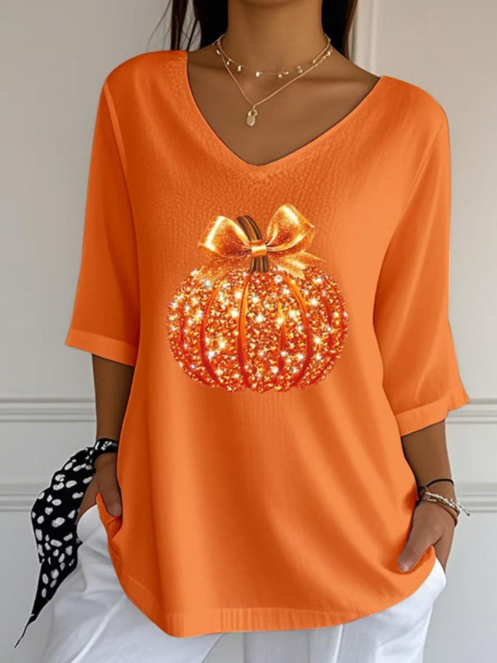 Camila | Halloween Sequined Pumpkin Print V-Neck Three-Quarter Sleeve Casual Loose Blouse