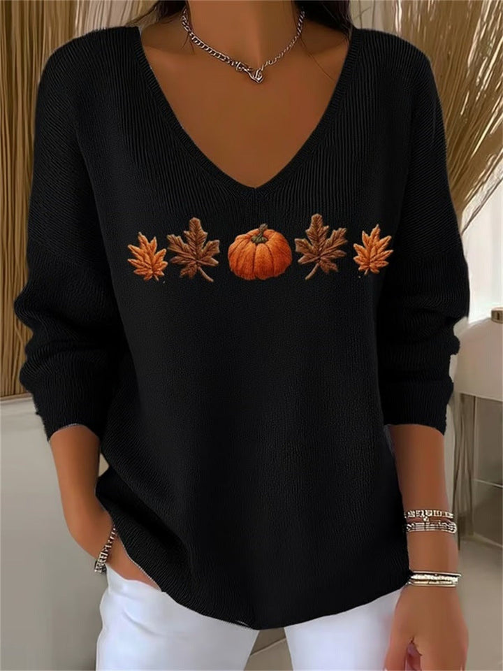 Lydia | Halloween Autumn Maple Leaf and Pumpkin Print Long Sleeve V-Neck Casual Sweatshirt