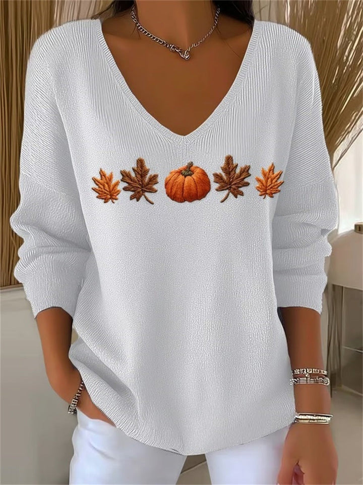 Lydia | Halloween Autumn Maple Leaf and Pumpkin Print Long Sleeve V-Neck Casual Sweatshirt