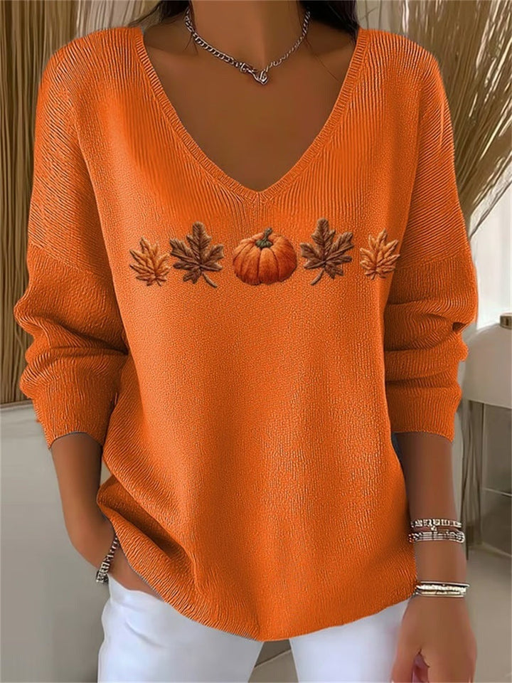 Lydia | Halloween Autumn Maple Leaf and Pumpkin Print Long Sleeve V-Neck Casual Sweatshirt