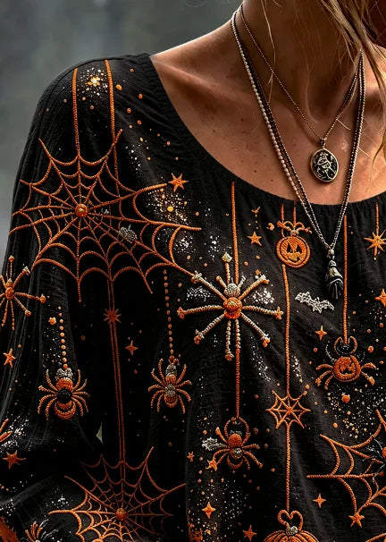 Josephine | Halloween-Inspired Spider Web Pumpkin Print Round Neck Long Sleeve Blouse