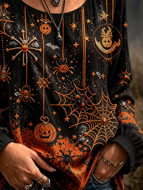Josephine | Halloween-Inspired Spider Web Pumpkin Print Round Neck Long Sleeve Blouse