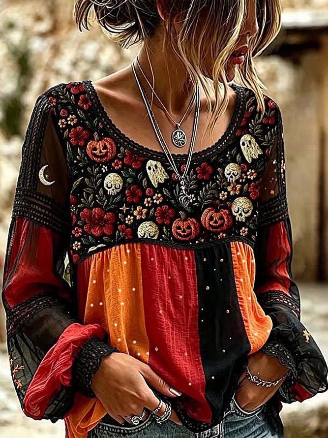 Lucia | Halloween Floral Casual Blouse Round Neck Long Sleeve Print Top