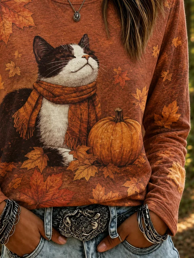 Judith | Halloween Casual Cat Round Neck Long Sleeve T-shirt