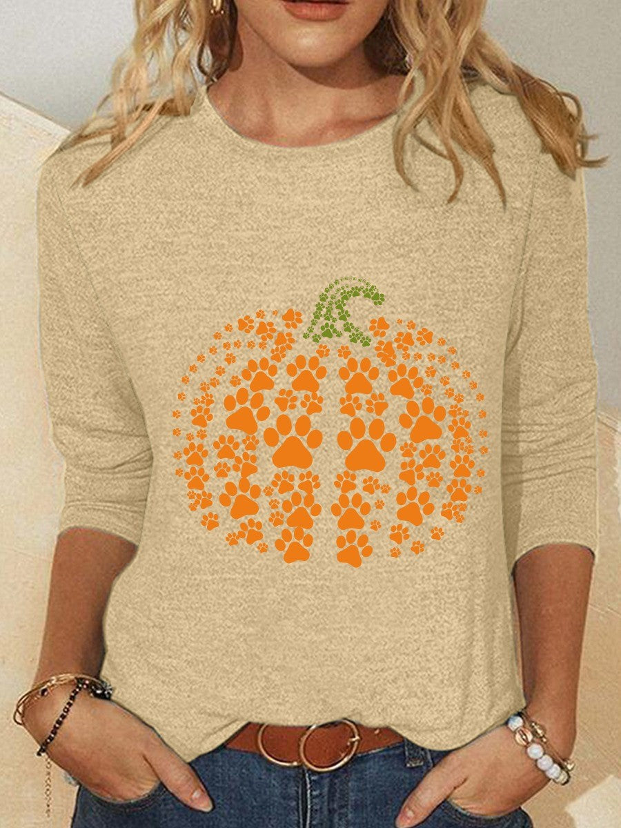 Rose | Halloween-Inspired Pumpkin Print Round Neck Long Sleeve Blouse