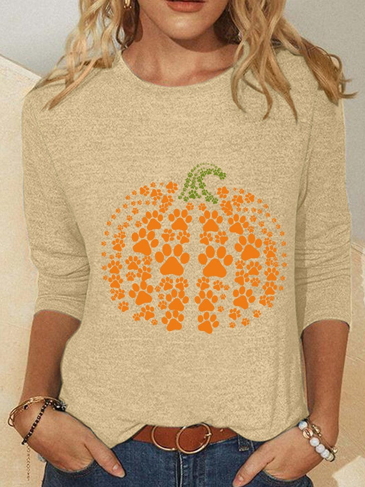 Rose | Halloween-Inspired Pumpkin Print Round Neck Long Sleeve Blouse