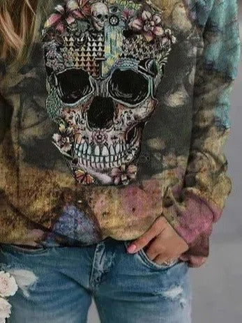 Antonella | Halloween-Inspired Skull Print Round Neck Long Sleeve Sweatshirt