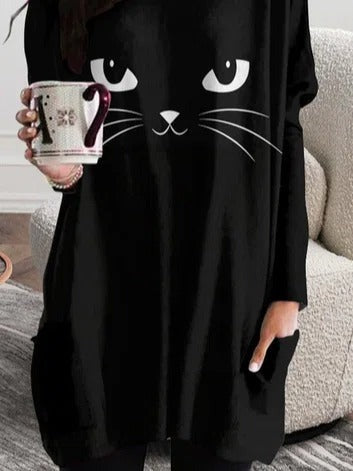 Bruna | Loose Round Neck Cat Halloween-Inspired Long Sleeve T-Shirt