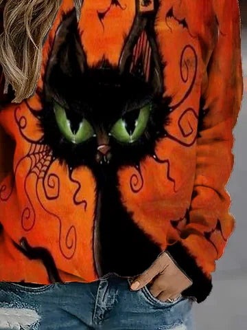 Karina | Halloween Vintage Cat Print Round Neck Long Sleeve Sweatshirt