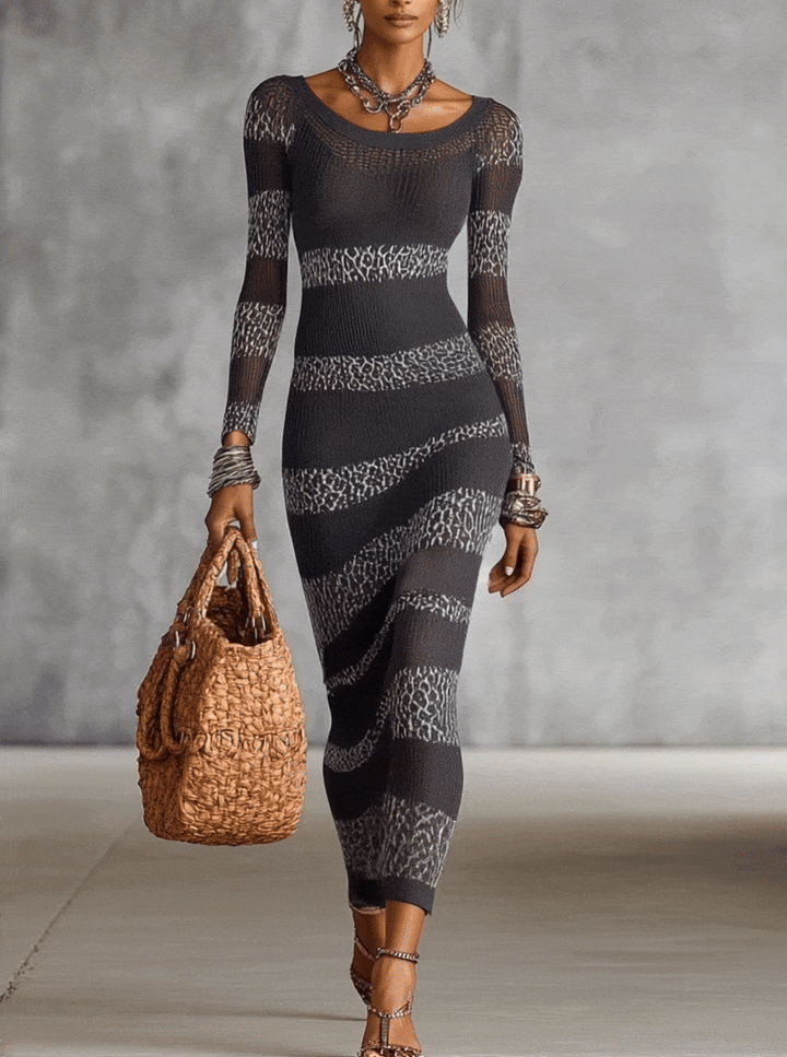 24-Hour-Shipping Gray And White Knit Bodycon Dress With Leopard Stripe Detailing