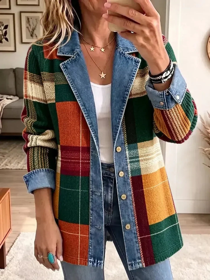 Claire | Retro Plaid Art-Print Denim Jacket