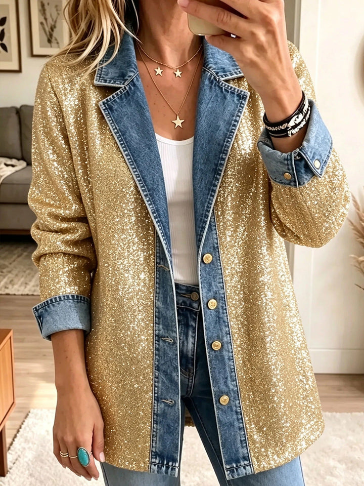 Addison | Gold Glitter Patchwork Denim Blazer