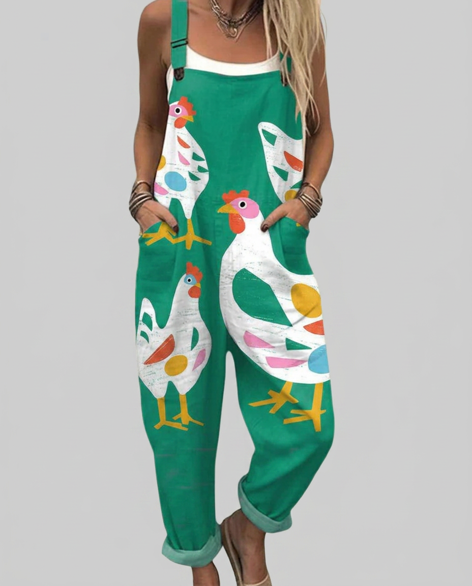 Deirdre - Printed jumpsuit with colorful chickens
