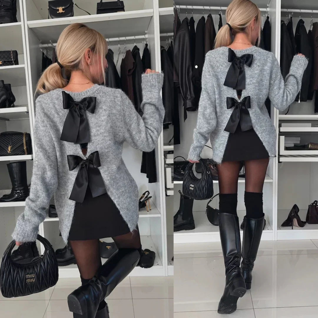 BELLA™ - Bow Back Ribbon Fuzzy Trim Sweater